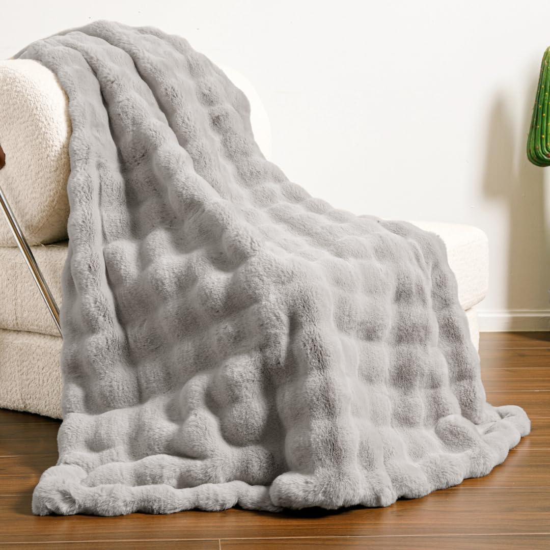 The Malibu Faux Fur Bubble Blanket - Luxuriously Soft Cozy Warm for Women - Pebble Grey 50"x60" - Plush Silky Fuzzy Weig