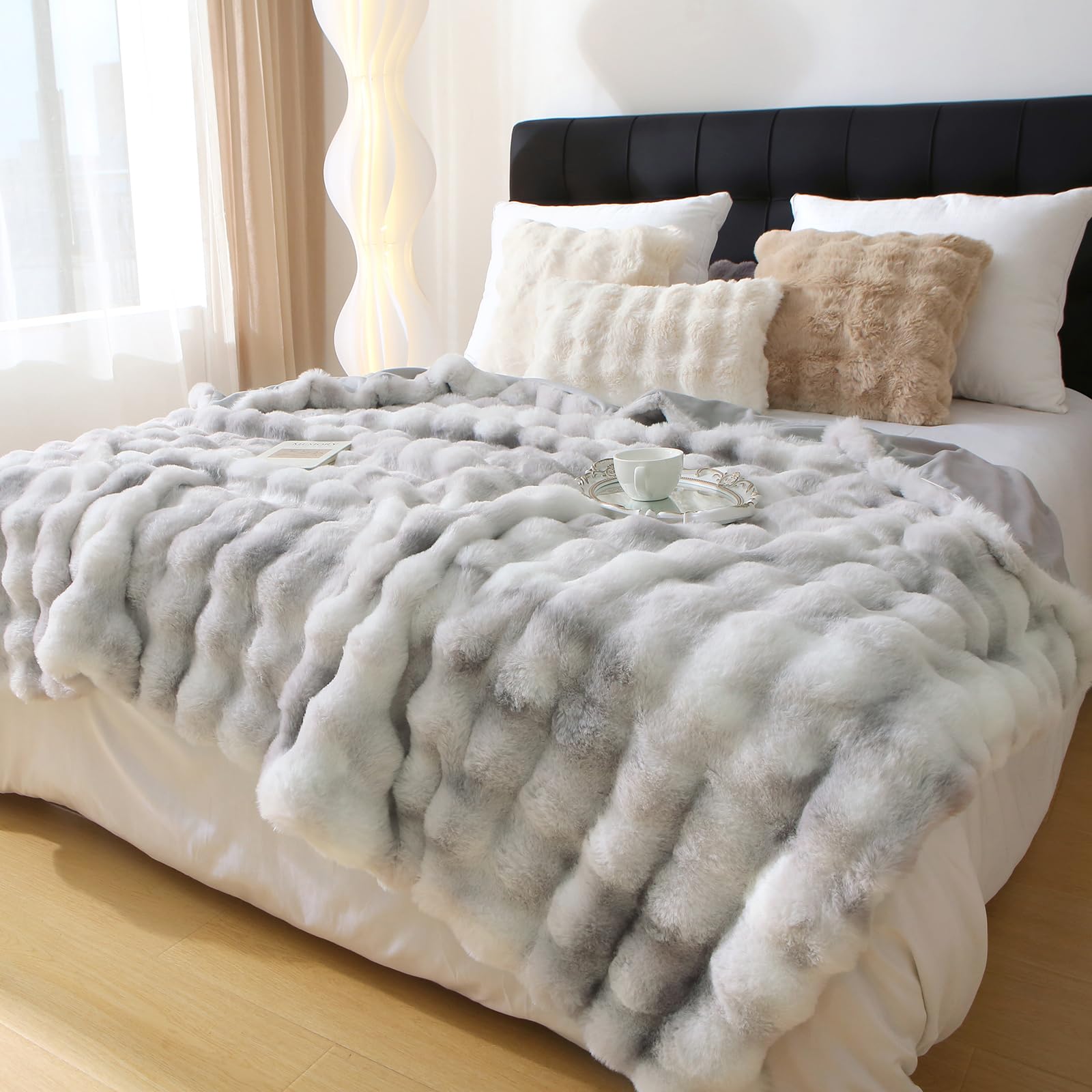Luxury Thick Plush Tie Dye Grey Faux Rabbit Fur Throw Blanket for Couch and Bed Ultra-Plush Cozy Soft Decorative Blanket