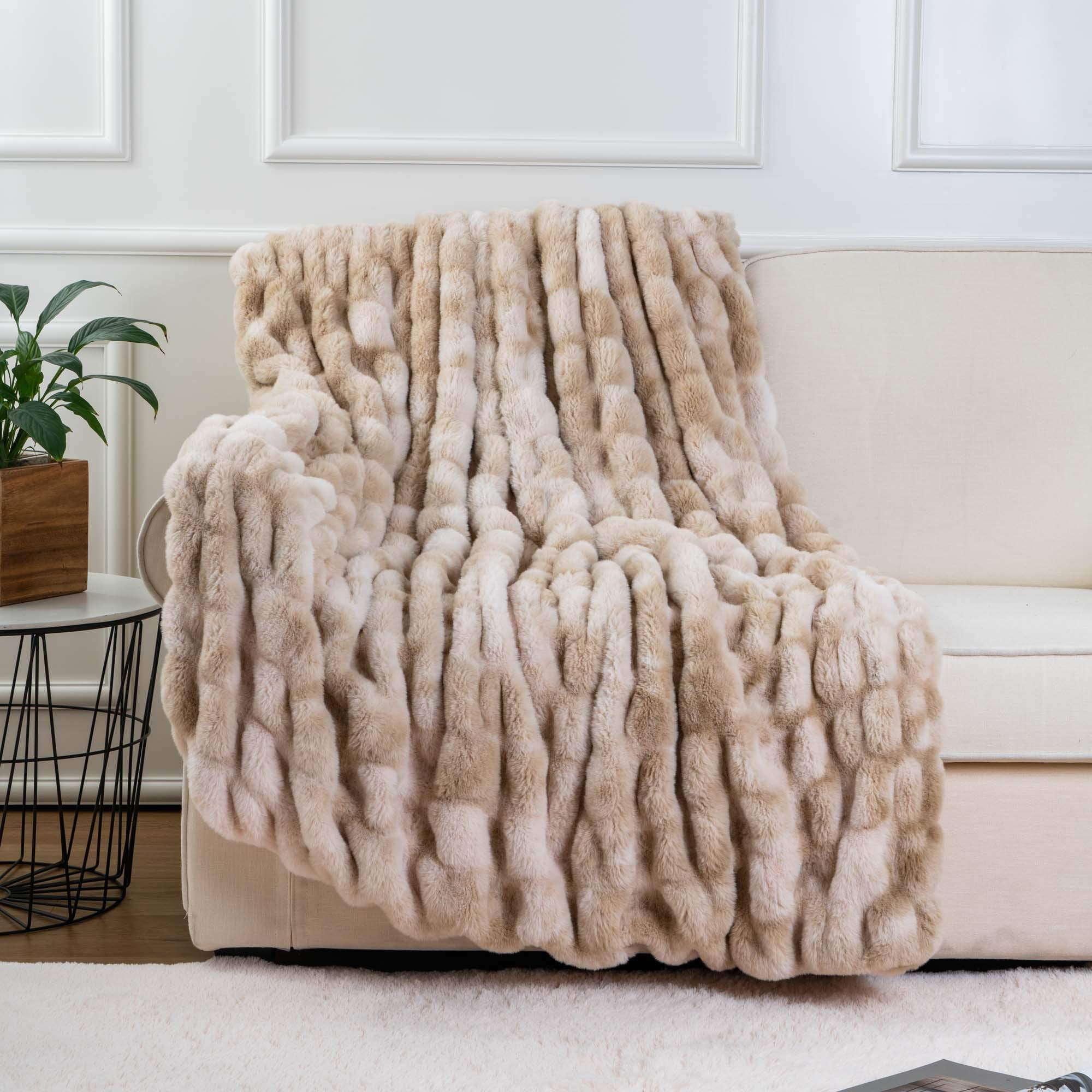 BATTILO HOME Beige Tie-dye Ruched Faux Fur Throw Blanket for Couch and Living Room EU100 Certified Plush Soft Cozy and E